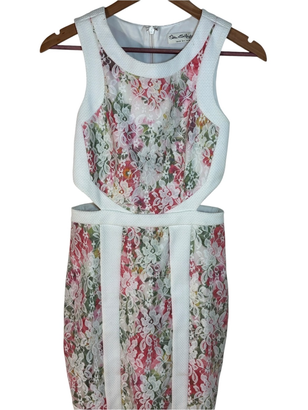 Miss Selfridge Floral Lace Cutout Bodycon Dress White Pink Size US 6